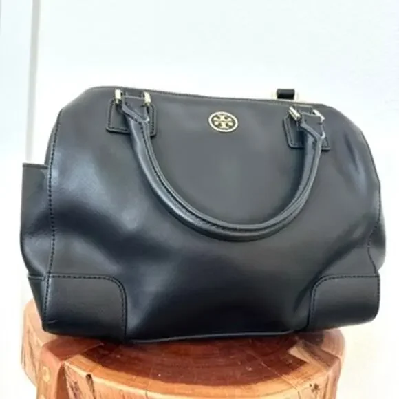Tory Burch Robinson Black Leather Satchel Bag Gold Hardware Classic Tote - Picture 1 of 6